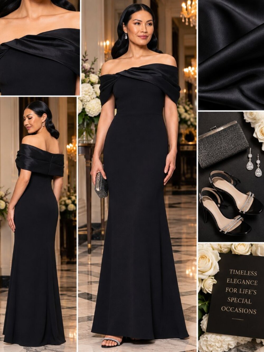 Betsy & Adam Black Satin Off Shoulder Formal Evening Gown Size 6 NWT